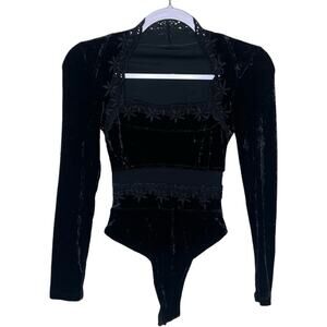 Vtg Black Velvet Floral Lace Trim Bodysuit Sheer Mesh Whimsigoth Witchy‎ Sz S